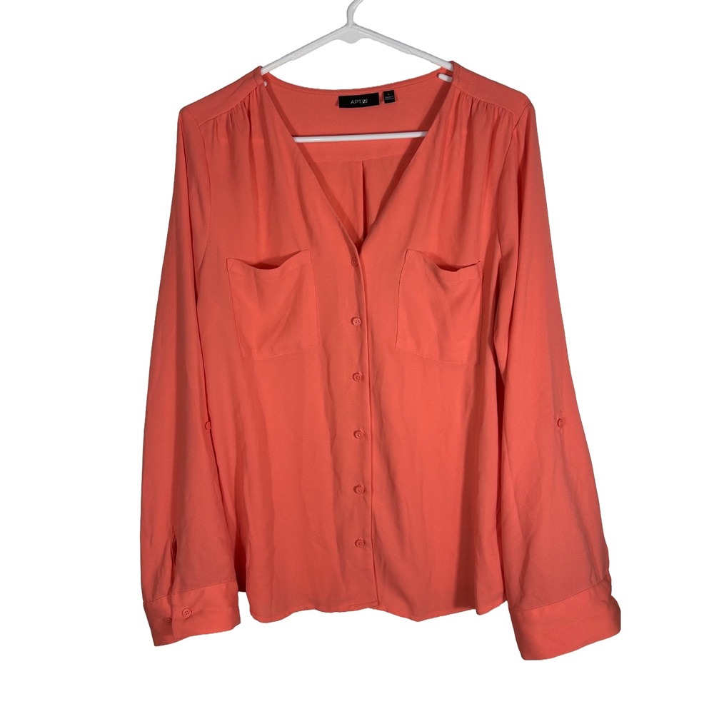 Apt‎ 9 Womens Large Coral Pink Roll Tab Sleeve Button Down Blouse V-Neck Top